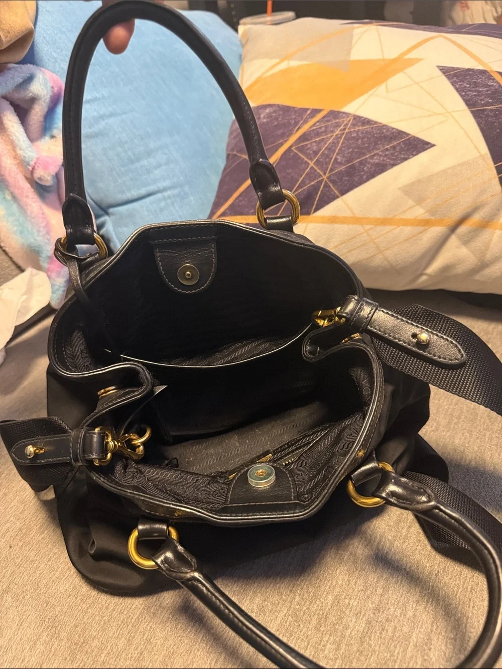 Prada Black Nylon Satchel with Gold Hardware and crossbody bag
